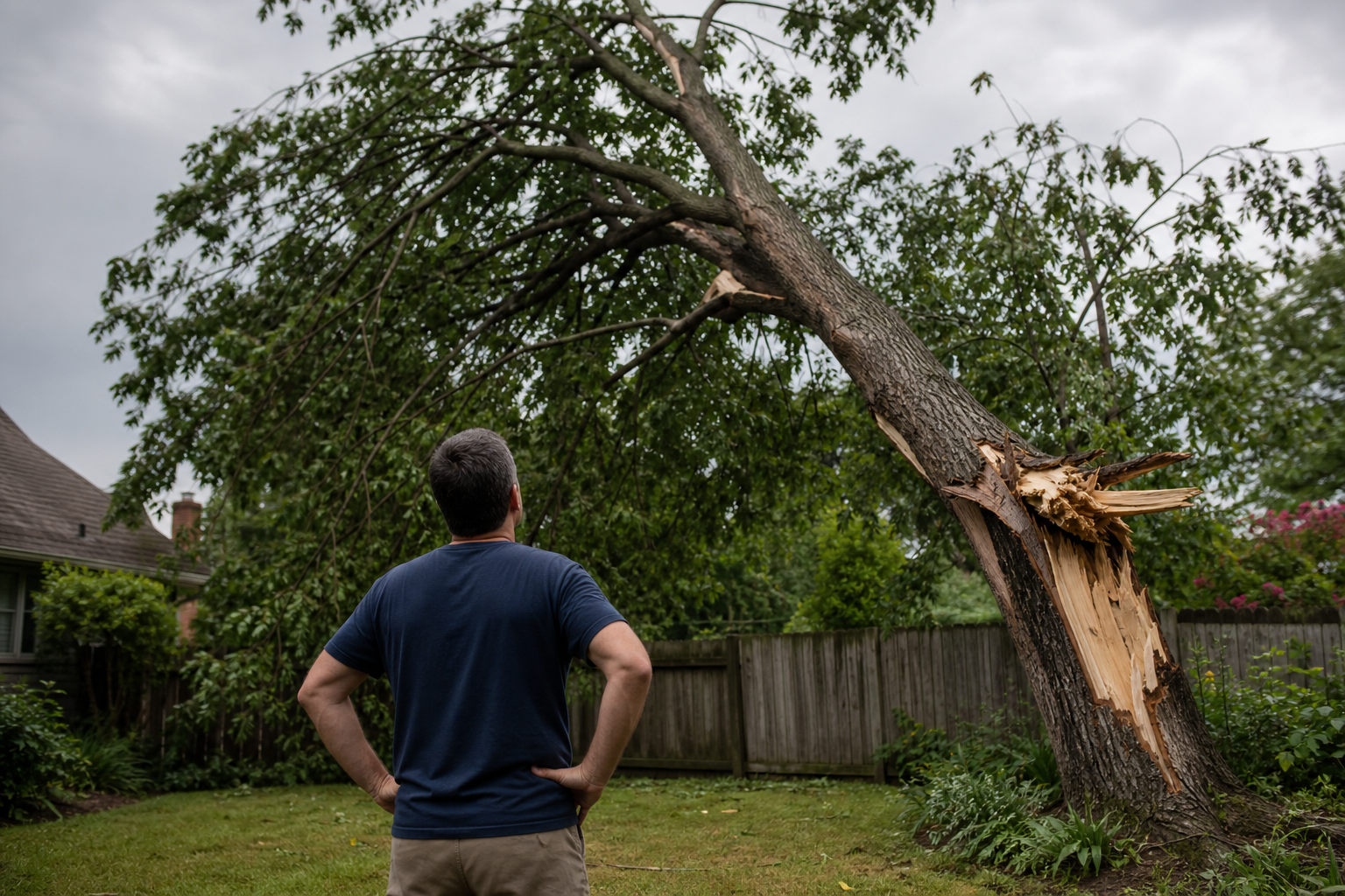 Concerned Homeowner Observes Leaning Hazardous Tree in Backyard