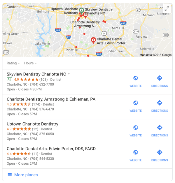 Google Local Pack Results for Charlotte Dentist Search