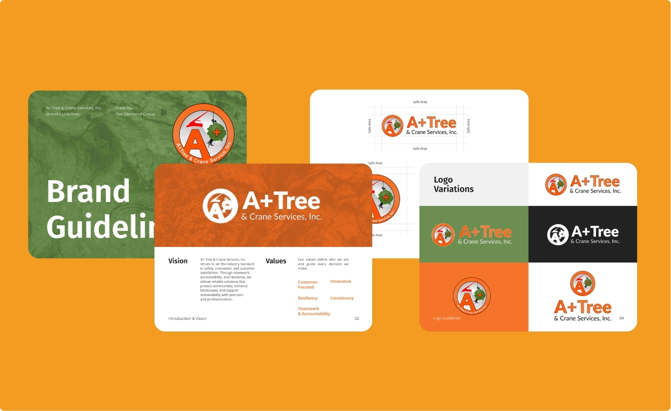 Brand standards and visual identity guidelines developed for A+ Tree and Crane