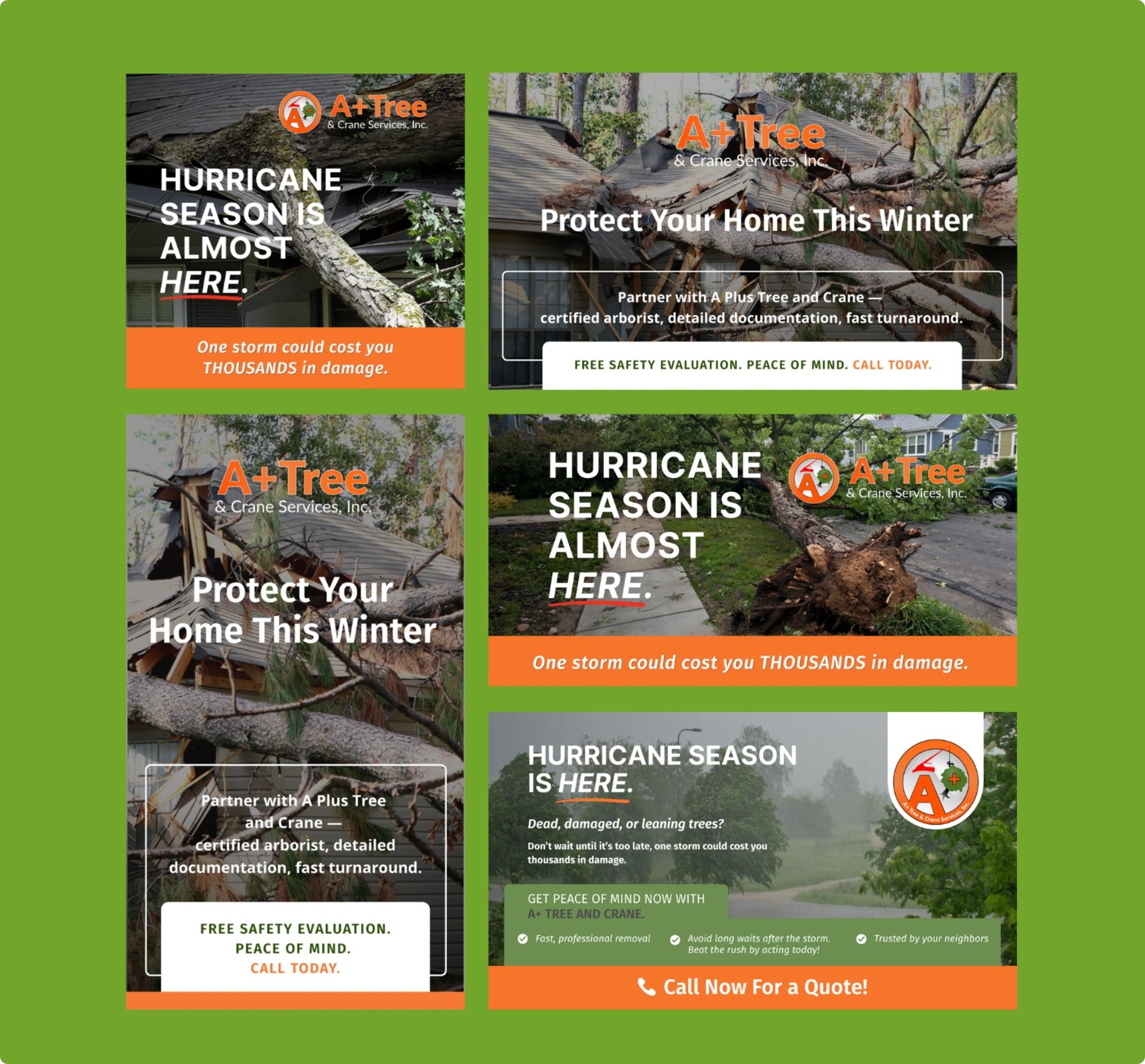 Google and Meta ad creative designed by The Diamond Group for A+ Tree and Crane Raleigh