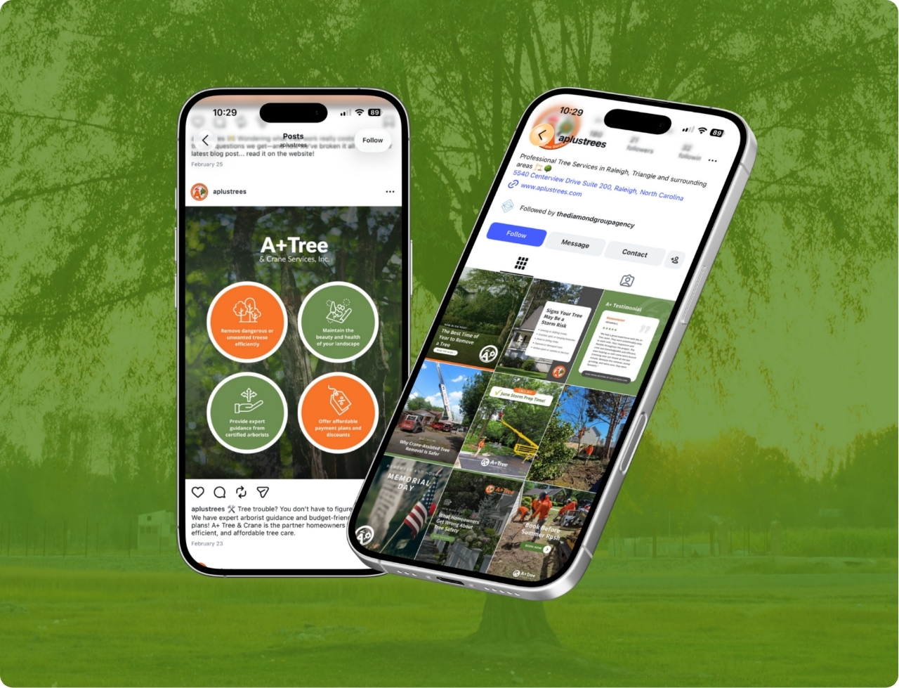 Social media design mockups created by The Diamond Group for A+ Tree and Crane Raleigh