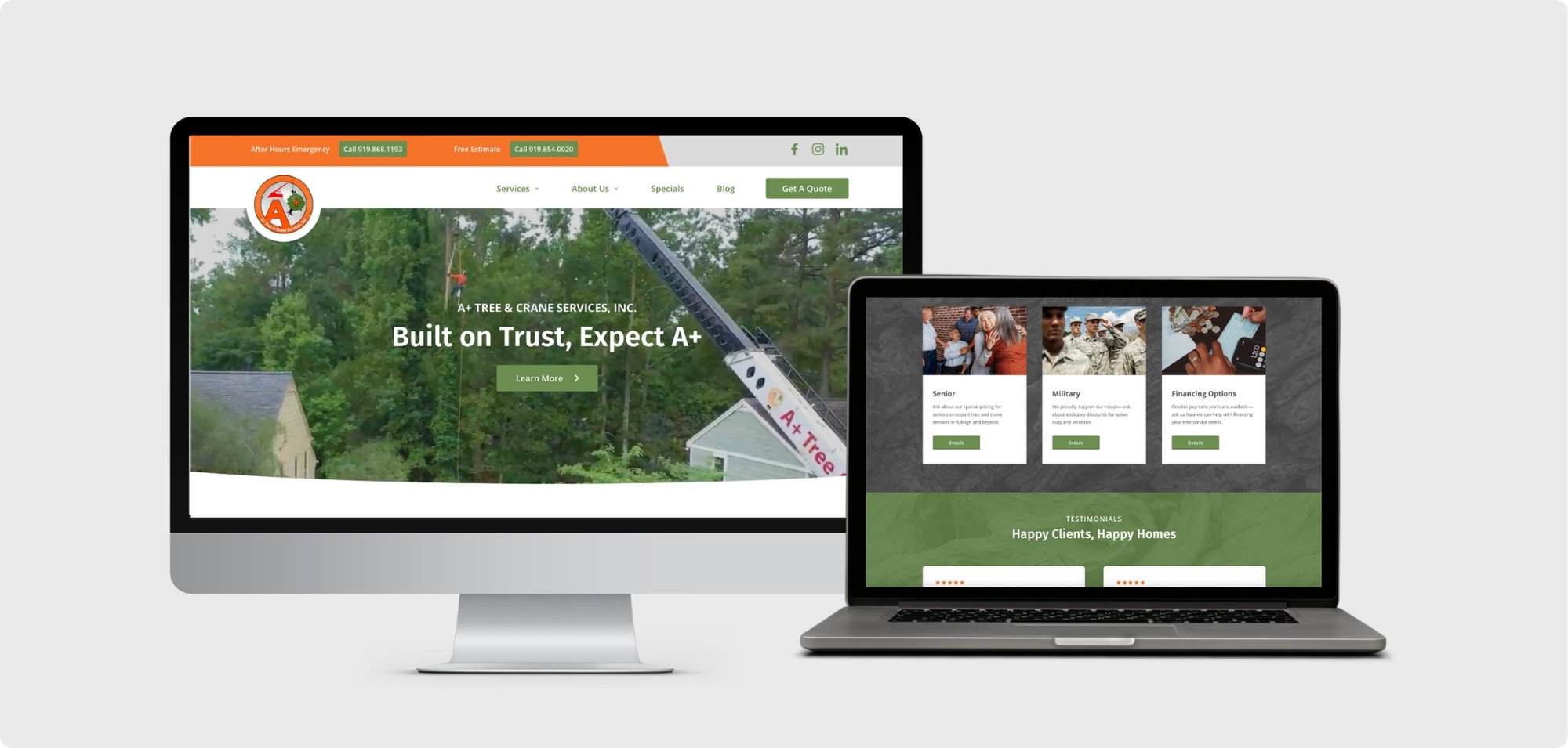 Redesigned website homepage for A+ Tree and Crane Raleigh tree and crane service company